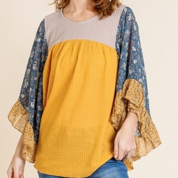 Umgee Golden Floral Mixed Ruffle Bell Sleeve Tunic - Picture 3 of 5